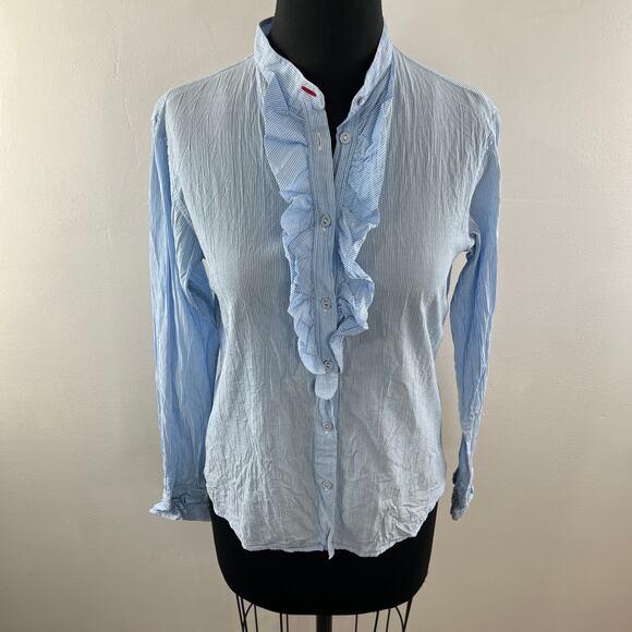 Ines De La Fressange UNI QLO Blue White Top Ruffle Metallic Stripe Size Medium M - Picture 2 of 10